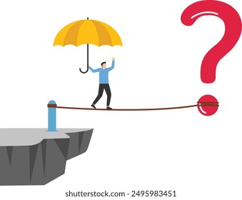 Balancing businessman, rope, sky, question mark.

