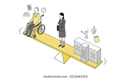 Balancing Care and Education: Illustration of a Young Carer, showing a teenage girl on a seesaw between caregiving for an elderly person and school, highlighting the dual responsibilities she faces