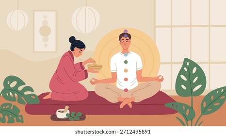 Balancing chakras process. Ancient alternative medicine, meditation to sound of singing bowl, yoga practice, man in lotus position, mental health therapy, garish vector cartoon flat isolated concept