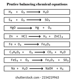 Balancing chemical equations exercice,study content for chemistry students,vector illustration.
