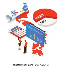 Balancing country GDP and Debt isometric 3d vector concept for banner, website, illustration, landing page, flyer, etc.