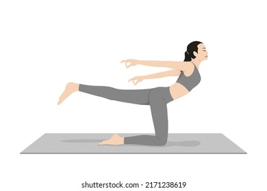 Balancing Cow Pose. Beautiful girl practice Balancing Bitilasana. Young attractive woman practicing yoga exercise. working out, black wearing sportswear, grey pants and top, indoor full length, calm