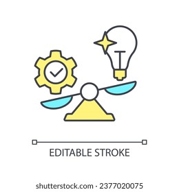 Equilibrio entre creatividad y usabilidad del icono de color RGB. Experiencia de usuario. Desarrollo de productos. Diseño de interfaz de usuario UX. Ilustración vectorial aislada. Dibujo de línea simple relleno. Trazo editable. Tipo de letra arial utilizado