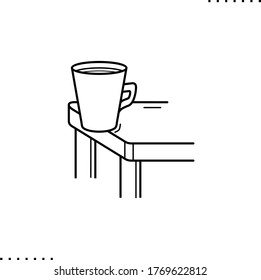 Balancing cup on a table's edge, vector outline icon.