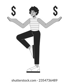 Balancing dollar finances flat line black white vector character. Editable outline full body person holding dollars signs on hands. Simple cartoon isolated spot illustration for web graphic design