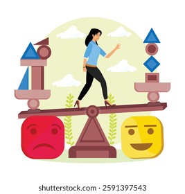 Balancing Emotions and Decision Making Depicted. Women walking on a symbolic scale, showing emotional balance choice. Flat vector modern illustration 
