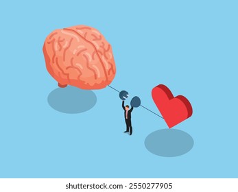 Equilibrando Emociones y Lógica - Cerebro y Corazón Conexión 3d Ilustración vectorial isométrica