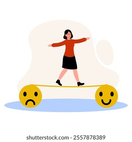 Balancing emotions in a playful illustration with a woman on a smiley face and frown face