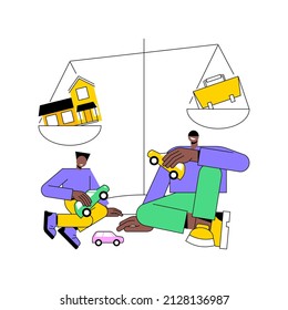 Balancing father time abstract concept vector illustration. Work life balance, business dad at home, father daughter son, happy family, time together, focus on career, fatherhood abstract metaphor.