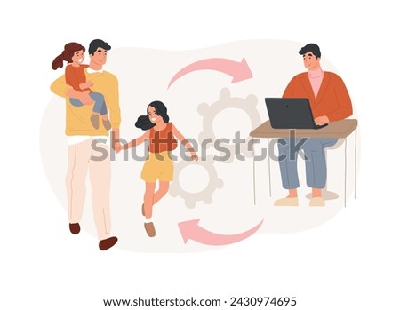 Balancing father time isolated concept vector illustration. Work life balance, business dad at home, father daughter son, happy family, time together, focus on career, fatherhood vector concept.