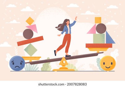 Balancing female character. Good feeling concept. Choice over bad mood. Unstable mental state and tight emotion control. Flat cartoon vector illustration. Abstract metaphor