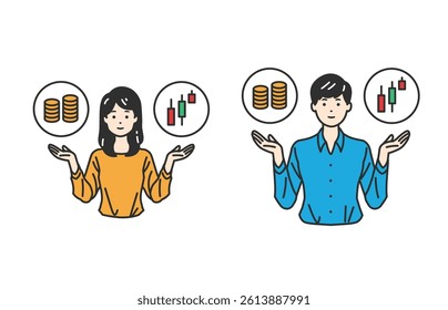 Balancing Financial Choices – Save vs. Invest. A person weighing savings and investments. Ideal for finance education, ads, and content on money strategy. Clean and clear for complex topics.