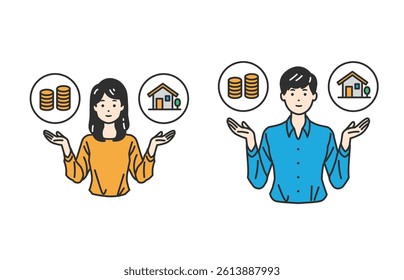 Balancing Financial Choices – Save vs. Invest. A person weighing savings and investments. Ideal for finance education, ads, and content on money strategy. Clean and clear for complex topics.