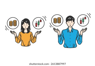 Balancing Financial Choices – Save vs. Invest. A person weighing savings and investments. Ideal for finance education, ads, and content on money strategy. Clean and clear for complex topics.