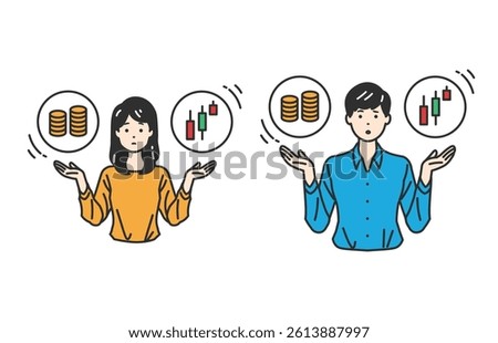 Balancing Financial Choices – Save vs. Invest. A person weighing savings and investments. Ideal for finance education, ads, and content on money strategy. Clean and clear for complex topics.