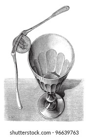 The Balancing Forks magic trick, vintage engraved illustration. Magasin Pittoresque 1874.