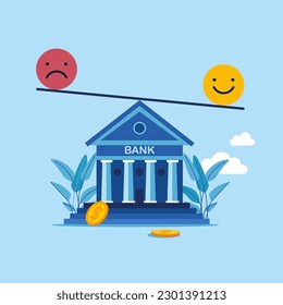 Equilibrar la felicidad y la tristeza sobre la construcción de un banco. Riesgo o seguridad financiero o empresarial. Finanzas, estabilidad bancaria, economía, inversión. Ilustración vectorial moderna en estilo plano