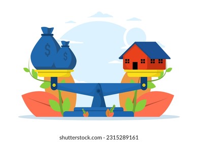 Balancing housing costs. The scale balances dollars vs. houses. financial management. the cost of building or paying for a house. flat vector illustration on white background.