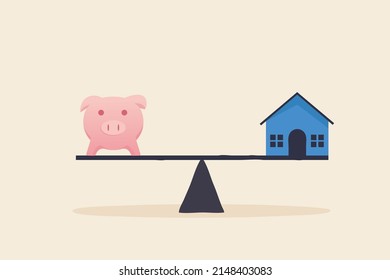 Balancing housing costs. Scale is balancing piggy bank vs house.