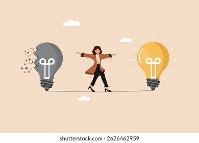 Balancing Innovation Businesswoman Walking on a Tightrope Between a Broken, Gray Light Bulb Representing Old Ideas and a Bright, Yellow Light Bulb Symbolizing New Solutions.