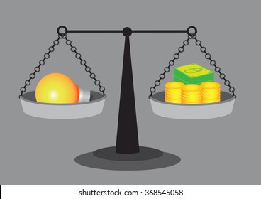 Balancing a light bulb on one side and money on the other side of a retro weighing scale. Vector illustration on valuation of an idea concept isolated on grey background.