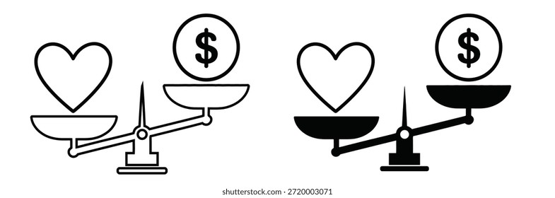 Balancing love and money on scales of life,Money and Love balance on scale. Weights with heart and money coin. Vector isolated sign.Heart And Money On Scales. vector