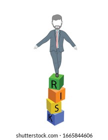 balancing man stands on RISK cubes. business risk concept. vector illustration.