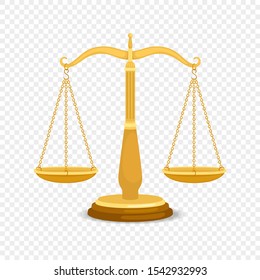 Balancing metal scales. Gold business or golden justice retro scales, precision balanced weighting, flat tribunal law, vector illustration