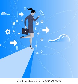 Balancing on the edge of the cliff business concept. Business lady in business suit with case balancing on the edge of the cliff. Concept of crisis, crisis management. Vector illustration.
