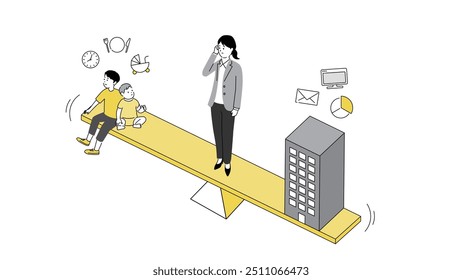 Equilíbrio entre paternidade e trabalho: ilustração vetorial dos desafios de equilíbrio entre vida profissional e familiar