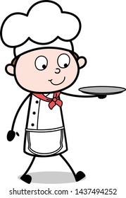 Balancing a Plate on Hand and Walking - Cartoon Waiter Male Chef Vector Illustration
