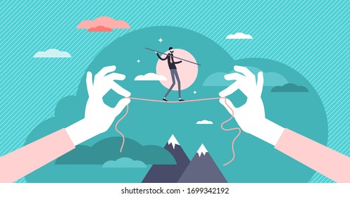 Balancing risk vector illustration. Business strategy with precise vision flat tiny persons concept. Dangerous economical moves to gain growth, profit and development. Investment crisis possibility.