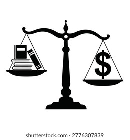 A balancing scale with a stack of books on one side and a dollar sign on the other isolated on transparent background