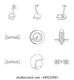 Balancing scooter icon set. Outline style set of 9 electric scooter vector icons for web isolated on white background
