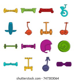 Balancing scooter icons set. Doodle illustration of vector icons isolated on white background for any web design