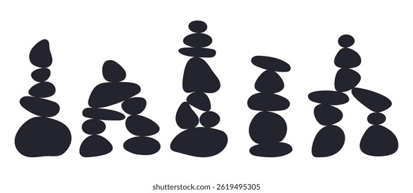 Equilibrando pedras lisas. Pirâmides de seixo de silhueta preta. Formas de cascalho arredondadas. Pedras naturais. Spa paralelepípedos heap. Zen, calma e harmonia. Torre de pedra. Vetor