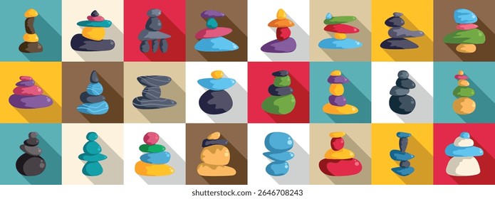 Balancing stone icons set. Collection of colorful balancing stones representing stability, harmony, and wellness