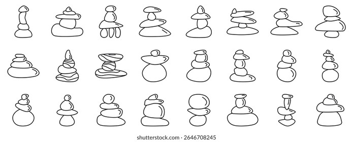 Conjunto de iconos de piedra de equilibrio. Colección de planos simples de líneas de mojones de piedra en varias formaciones apiladas