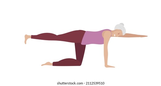 Balancing Table Pose. Senior woman doing yoga. Woman with sportswear doing floor exercises. Mature Women healthy life style. Dandayamana Bharmanasana in old age. Colored flat vector illustration.
