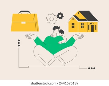 Balancing work and family abstract concept vector illustration. Work and life balance, happy family, mom doing business, dad at home, kids at office, time management, freelance abstract metaphor.