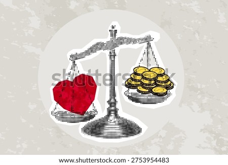 Balancing Work and Family concept. Choosing between love and money as a metaphor in relationships. Collage with scale with money and heart