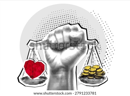 Balancing Work and Family concept. Choosing between love and money as a metaphor in relationships. Collage with scale with money and heart