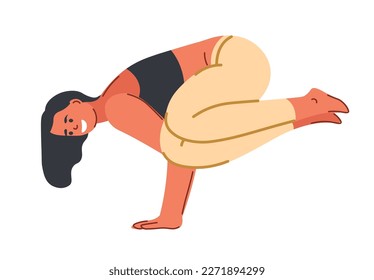 Balancing yoga pose, astavakrasana exercise for strengthening body and muscles. Isolated female character meditating or keeping fit and healthy. Asana for wellness and balance. Vector in flat style