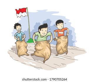 balap karung cartoon in 17 agustus vector design, indonesia independence day