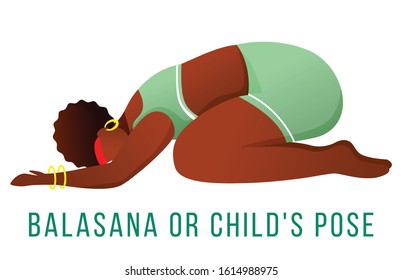 Balasana flat vector illustration. Child's pose. African American, dark-skinned woman performing yoga posture. Workout, fitness. Physical exercise. Isolated cartoon character on white background
