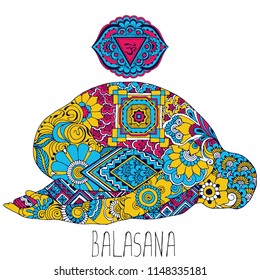 Balasana. A pose in yoga that opens the Ajna chakra. Silhouette decorated in the style of Indian mehndi.