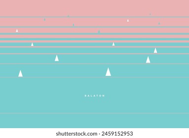 Balaton lake sunset illustration with sailboats minimalistic vector