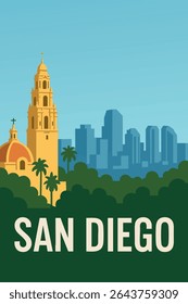 Os exuberantes jardins e a arquitetura histórica do Parque Balboa oferecem um contraste impressionante com o horizonte moderno de San Diego. Esta cena captura a harmonia da vida urbana e da natureza no sul da Califórnia