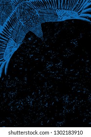 Balck background with blue flying bird. Vertical banner.