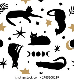 Balck cats, golden stars and moon phases seamless pattern.